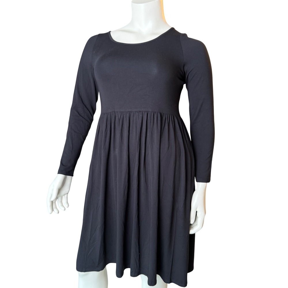 New Bamboo Babydoll Dress Black Long Sleeve Round Neck Side Poket MinimalistL/XL
